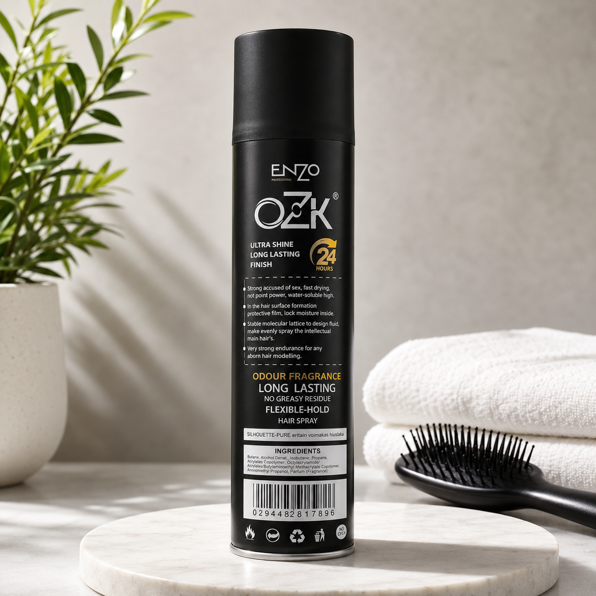 OZK ENZO Professional Strong Hold Hair Spray – 420ml | 24H Long Lasting | Flexible Hold